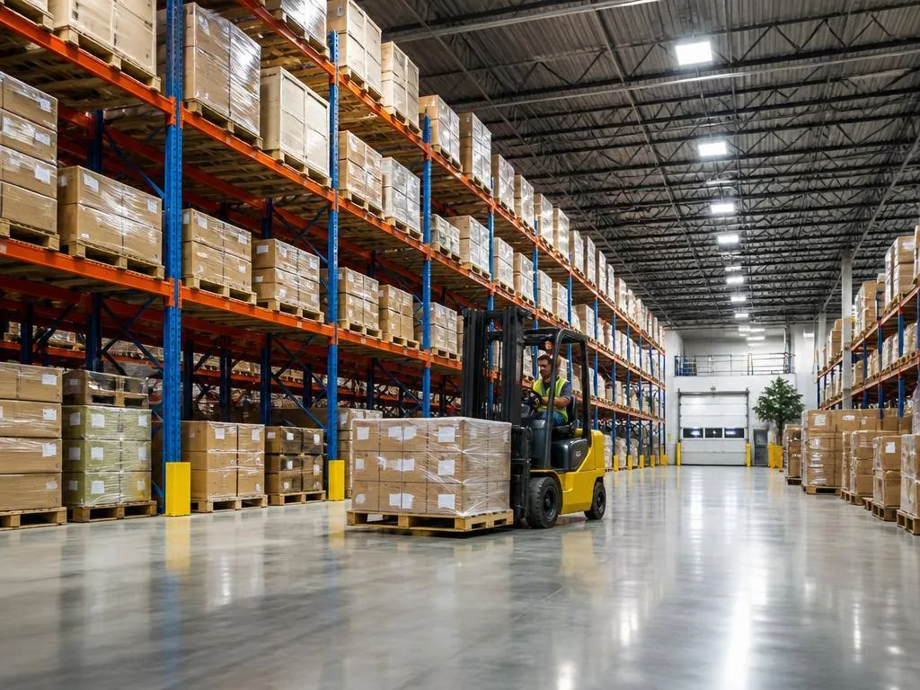 Modern 3PL warehouse interior with organized pallet racks and forklift